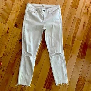 White J. Crew jeans, raw hem, holes in knees, stretchy, comfortable.